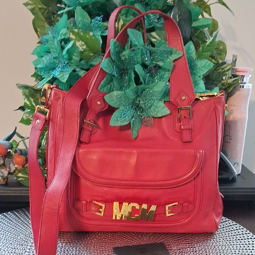 MCM RARE Vintage Red Leather Tote Bag, EUC